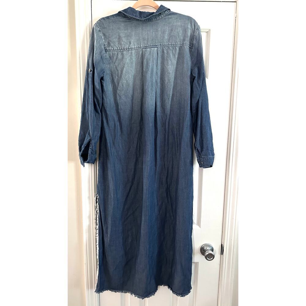 BELLA DAHL Tencel Lyocell Denim Chambray Split Raw Hem Shirt Dress Tab Sleeve M - Picture 5 of 7